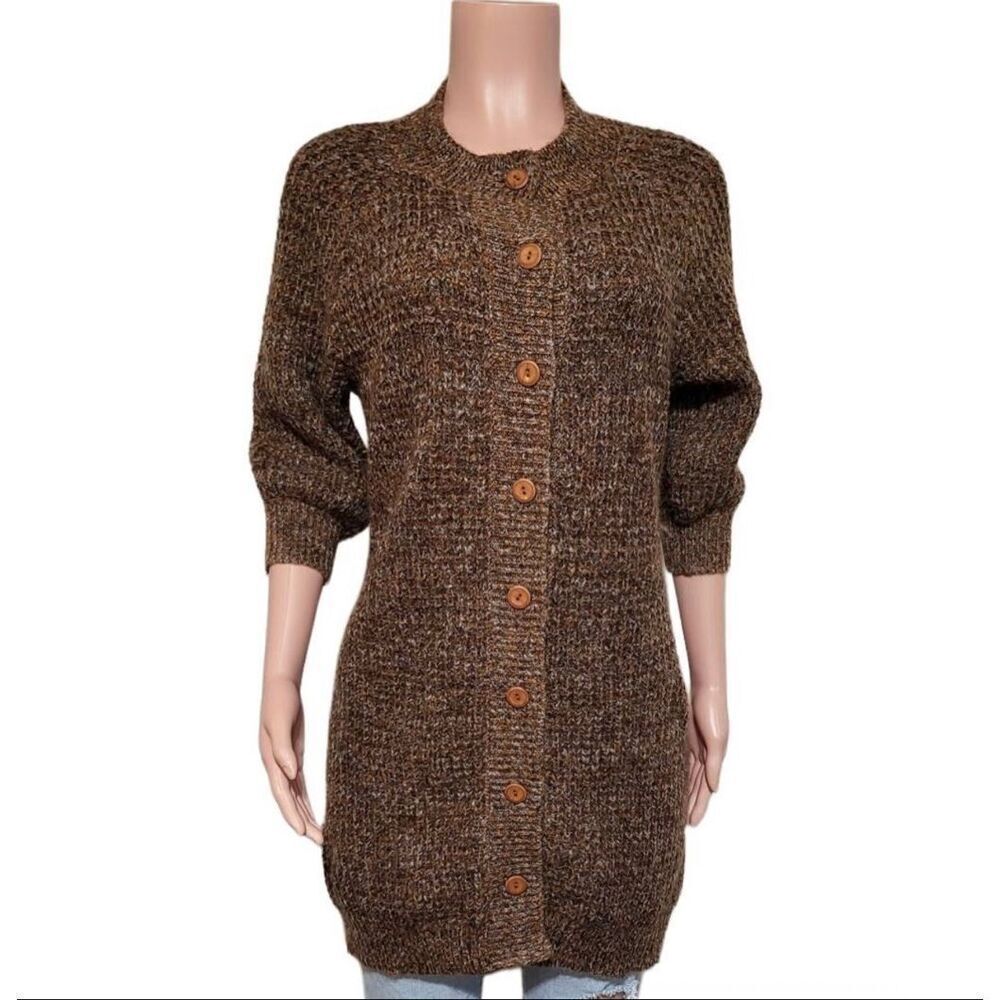 Pulp women's crew neck button-up 3/4 sleeved knit brown cardigan sweater M